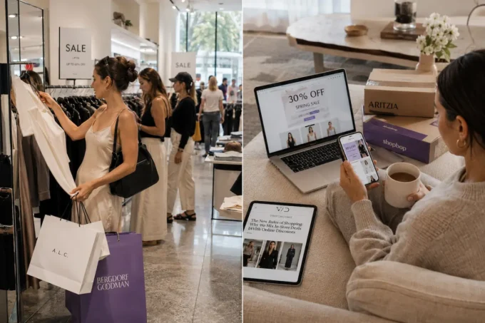 Comparison of shoppers browsing fashion sale racks in a store and online shopping from home during modern retail discount season.