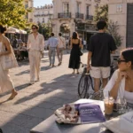 Stylish men and women wearing relaxed modern summer outfits while walking through a bright urban outdoor setting during warm weather.