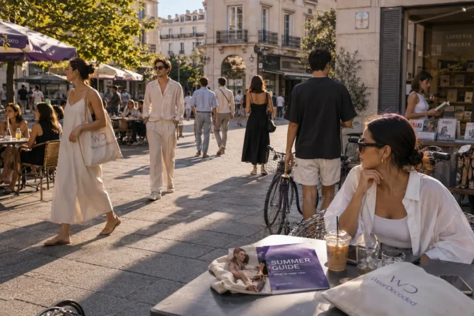Stylish men and women wearing relaxed modern summer outfits while walking through a bright urban outdoor setting during warm weather.