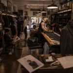 Independent tailoring studio with customers attending fittings, craftsmanship details, warm lighting, and subtle violet design accents.