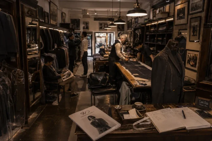 Independent tailoring studio with customers attending fittings, craftsmanship details, warm lighting, and subtle violet design accents.