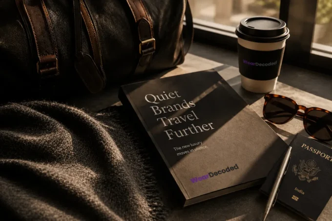 Luxury editorial travel flat lay featuring a leather duffel bag, sunglasses, coffee cup, India passport, and WearDecoded branded book with warm cinematic lighting.
