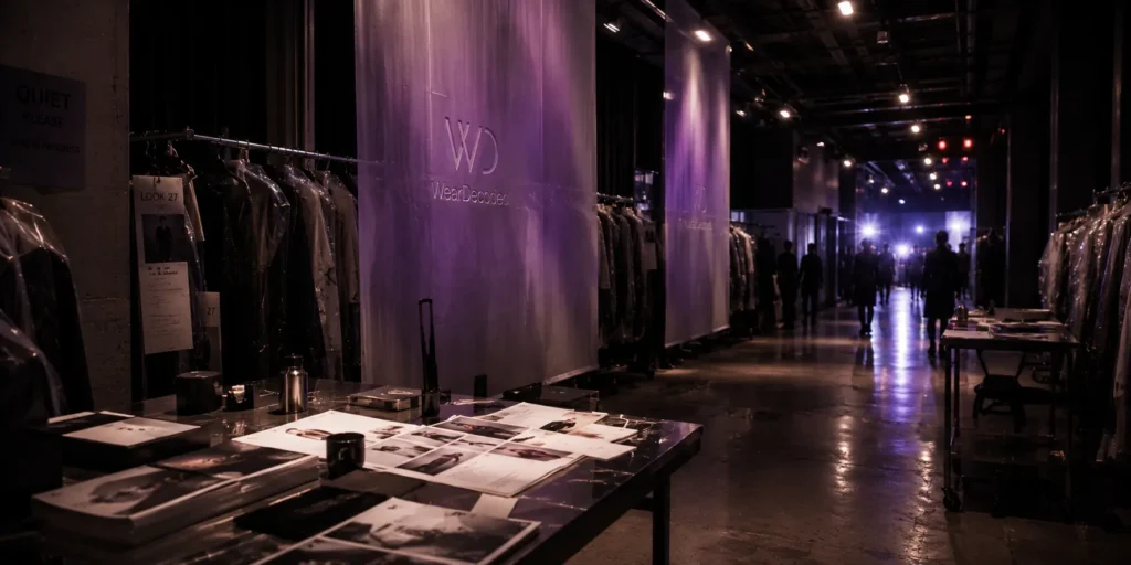 Cinematic backstage fashion editorial environment with translucent violet fabric installations, luxury production atmosphere, and subtle WearDecoded branding.