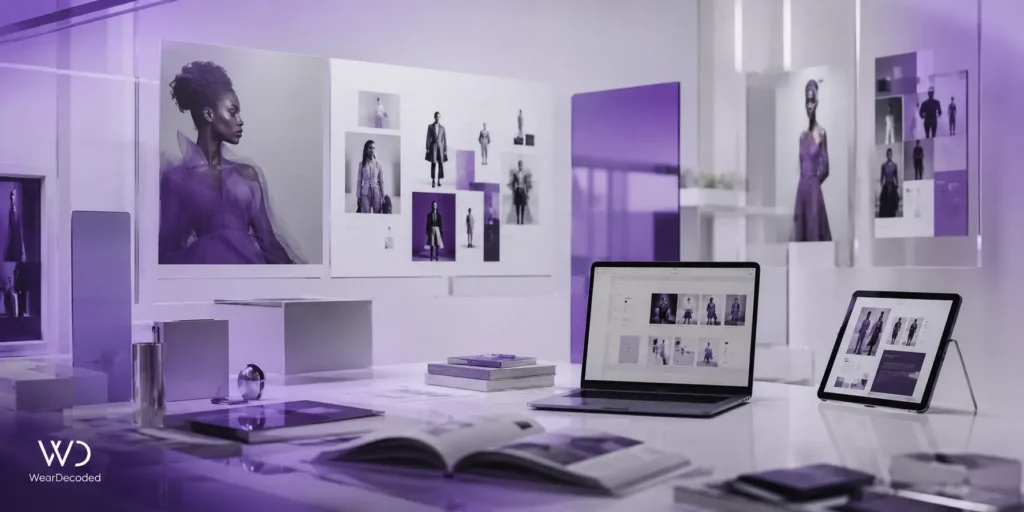 Minimal luxury editorial banner with violet gradients, modern fashion media styling, and subtle WearDecoded branding in a cinematic clean layout.