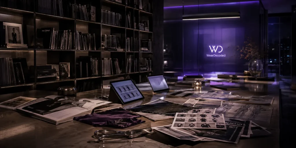 Moody editorial archive room with fashion moodboards, magazines, soft violet lighting, and subtle WearDecoded branding in a cinematic creative workspace.
