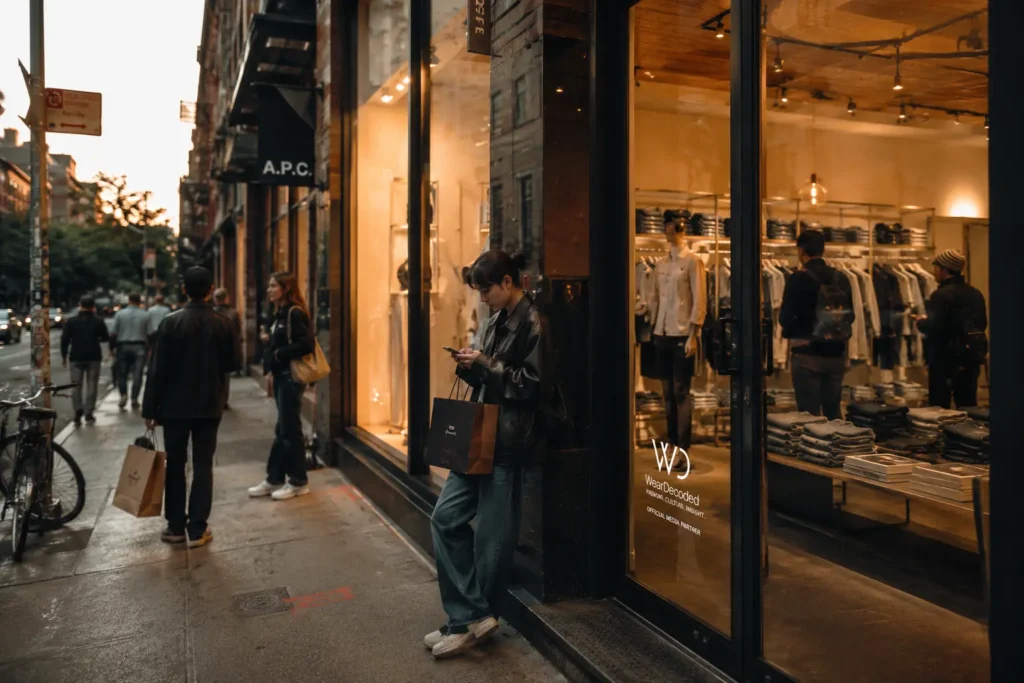 Realistic fashion storefront scene during golden hour with stylish shoppers, warm retail interiors, and subtle WearDecoded branding on the window.