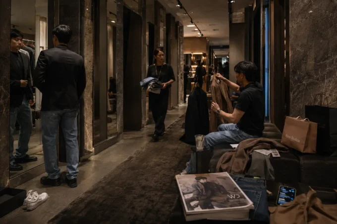 Luxury fashion store fitting room corridor with shoppers trying on clothing in a warm cinematic retail environment.