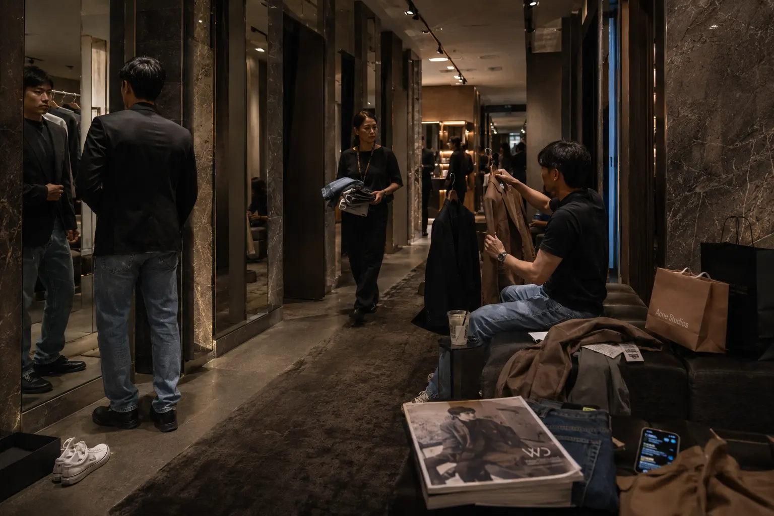 Luxury fashion store fitting room corridor with shoppers trying on clothing in a warm cinematic retail environment.