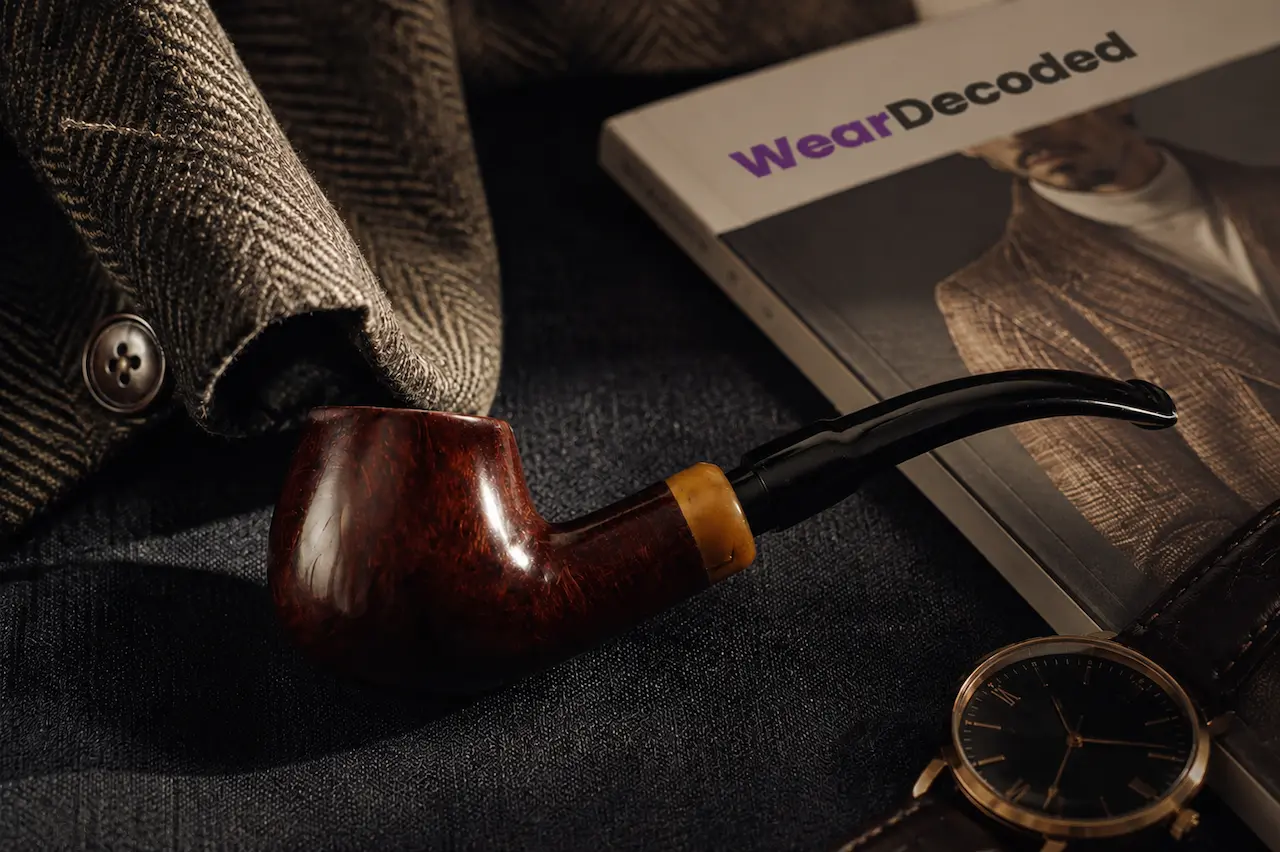 Editorial menswear flat lay featuring a tobacco pipe, textured blazer, luxury watch, and WearDecoded magazine on dark fabric with warm cinematic lighting.