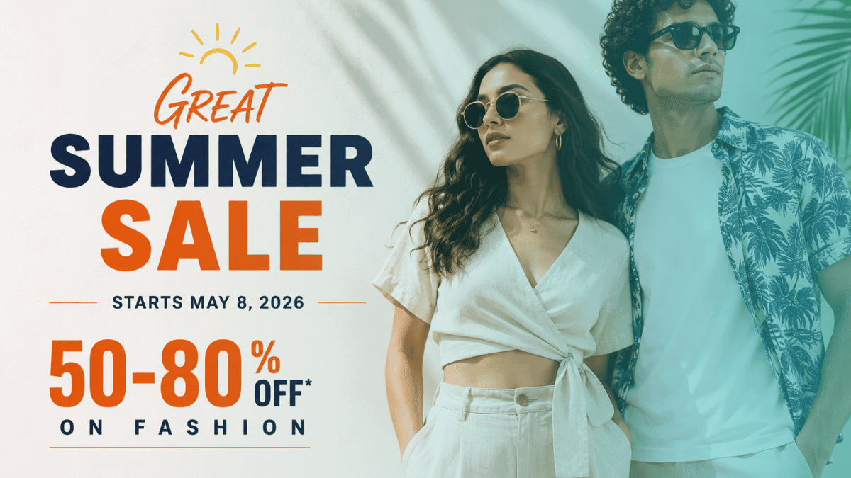 Minimal fashion banner for Amazon Great Summer Sale 2026 with stylish summer outfits and 50–80% off text overlay