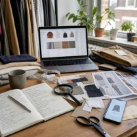 Fashion research workspace with fabric swatches, clothing tags, measuring tools, and a laptop used for apparel quality and trend analysis.