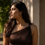 Young woman dressed for a fashion event standing outdoors in warm golden hour light, representing Bangalore fashion scene May June 2026