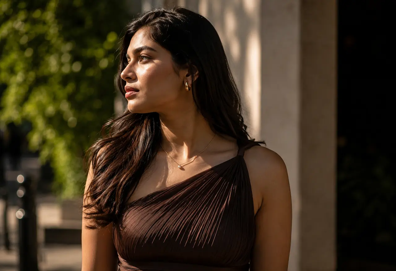 Young woman dressed for a fashion event standing outdoors in warm golden hour light, representing Bangalore fashion scene May June 2026