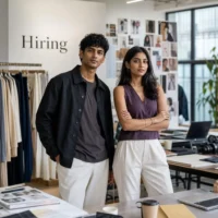 Young Indian creative professionals standing inside a modern fashion studio workspace with a subtle Hiring sign in the background.