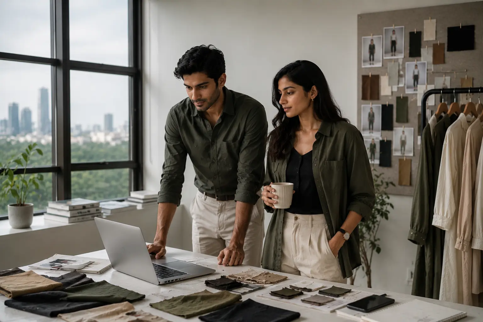 Two young South Asian fashion professionals working in a modern Bangalore fashion studio with fabric swatches, laptop, and neutral-toned apparel in a realistic editorial workspace.