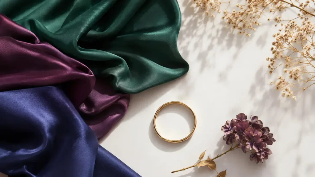 Editorial fashion mood board with jewel-toned silk fabric, gold bangle, dried flowers, and soft natural daylight on a clean white background
