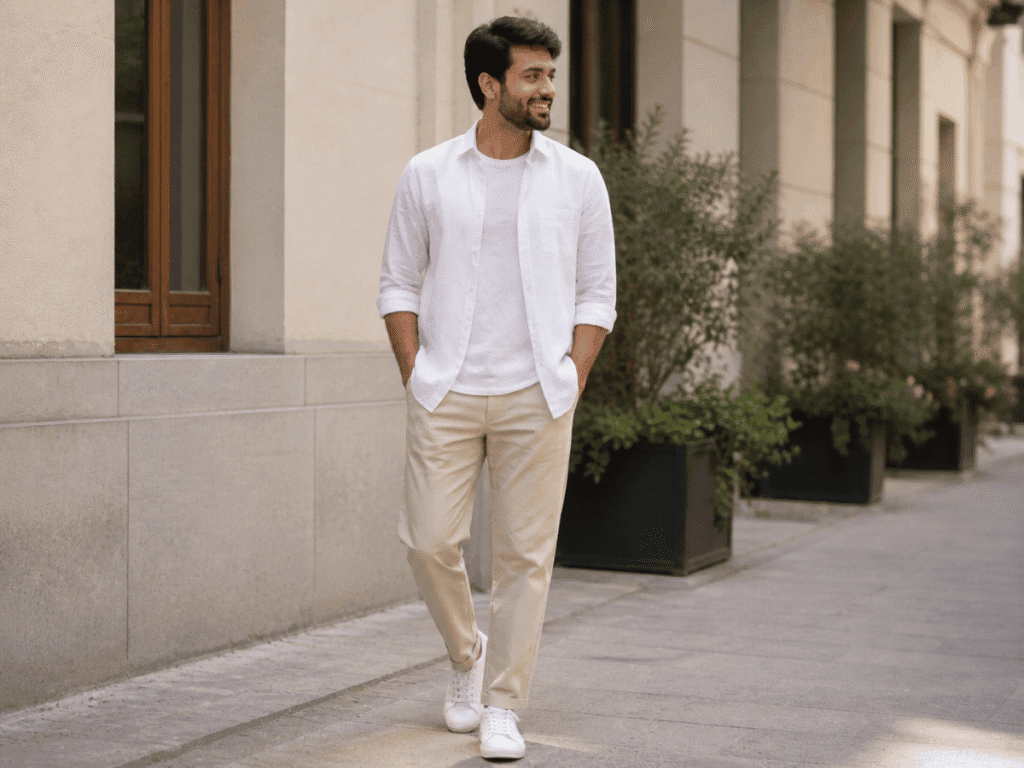 Indian man wearing white linen shirt open over t-shirt with beige chinos and white sneakers