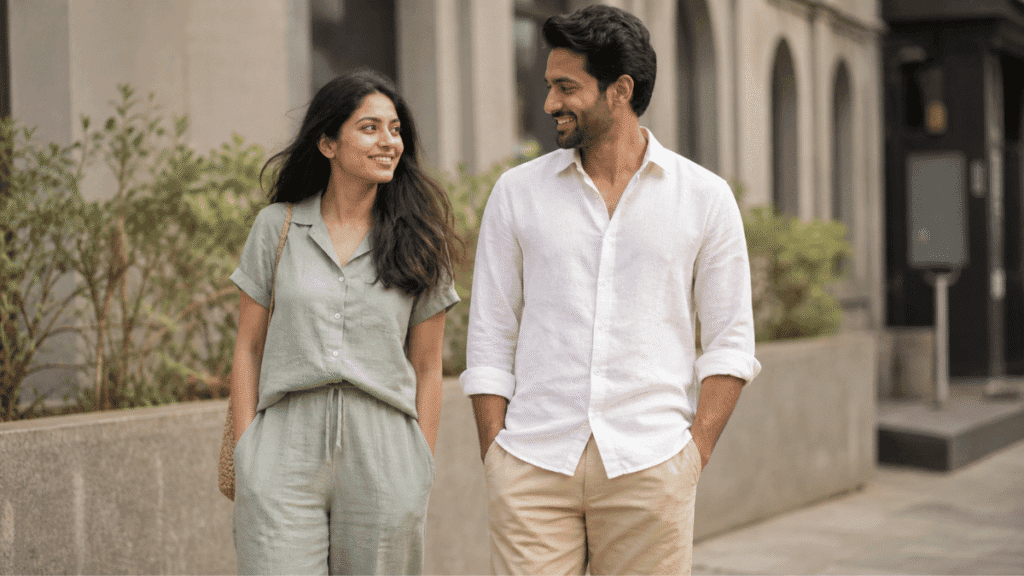 Indian man and woman in linen summer outfits sage green co-ord and white shirt beige chinos outdoor