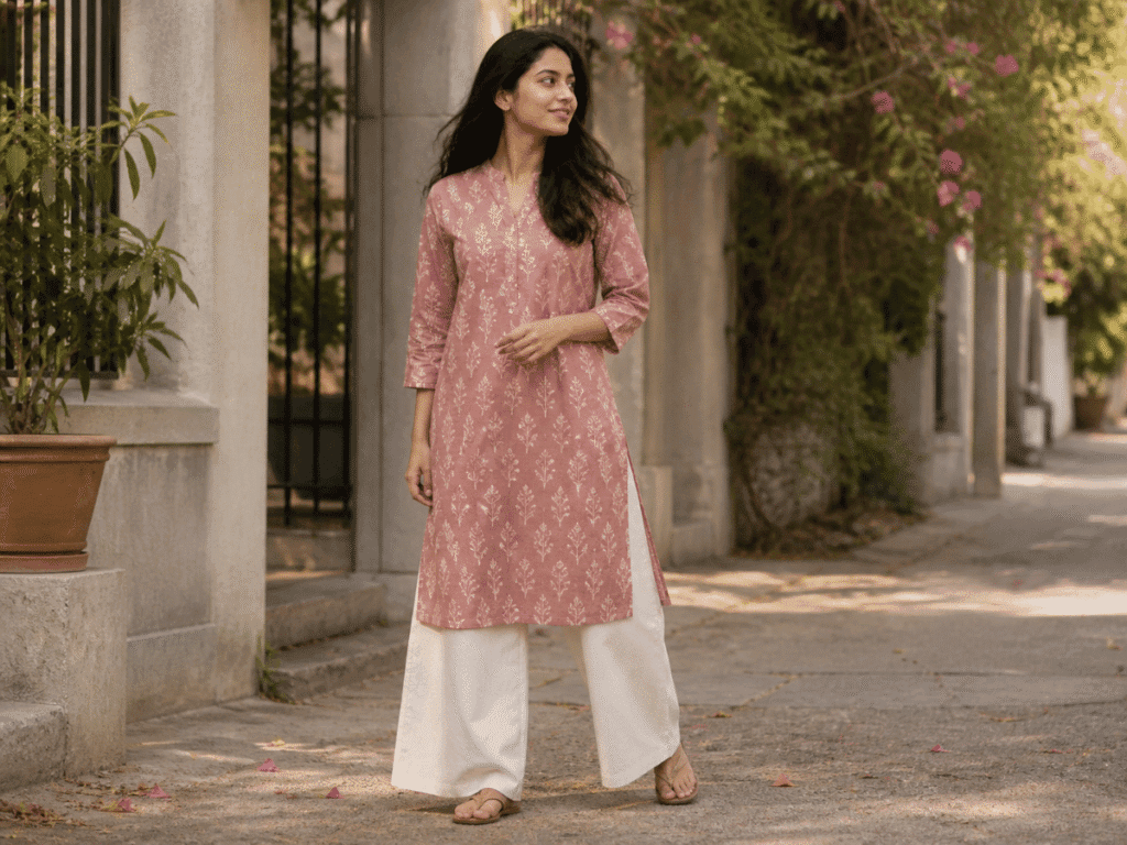 Indian woman wearing dusty rose printed cotton kurta with off white palazzo pants outdoor