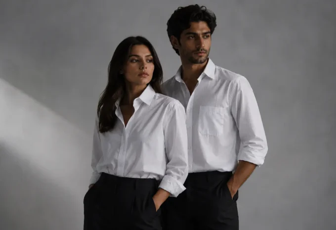 Editorial fashion portrait of a man and woman wearing oversized white shirts and black trousers in a minimalist studio with soft directional lighting and modern commercial styling.