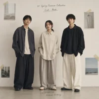Minimalist fashion lookbook layout featuring oversized modern streetwear outfits in a clean editorial studio setting.