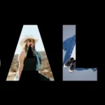 SALE text with fashion and shopping imagery inside each letter on a black background featuring sneakers, a stylish woman in a hat, clothing, and beauty products representing a modern online shopping sale banner.