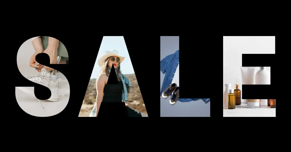 SALE text with fashion and shopping imagery inside each letter on a black background featuring sneakers, a stylish woman in a hat, clothing, and beauty products representing a modern online shopping sale banner.
