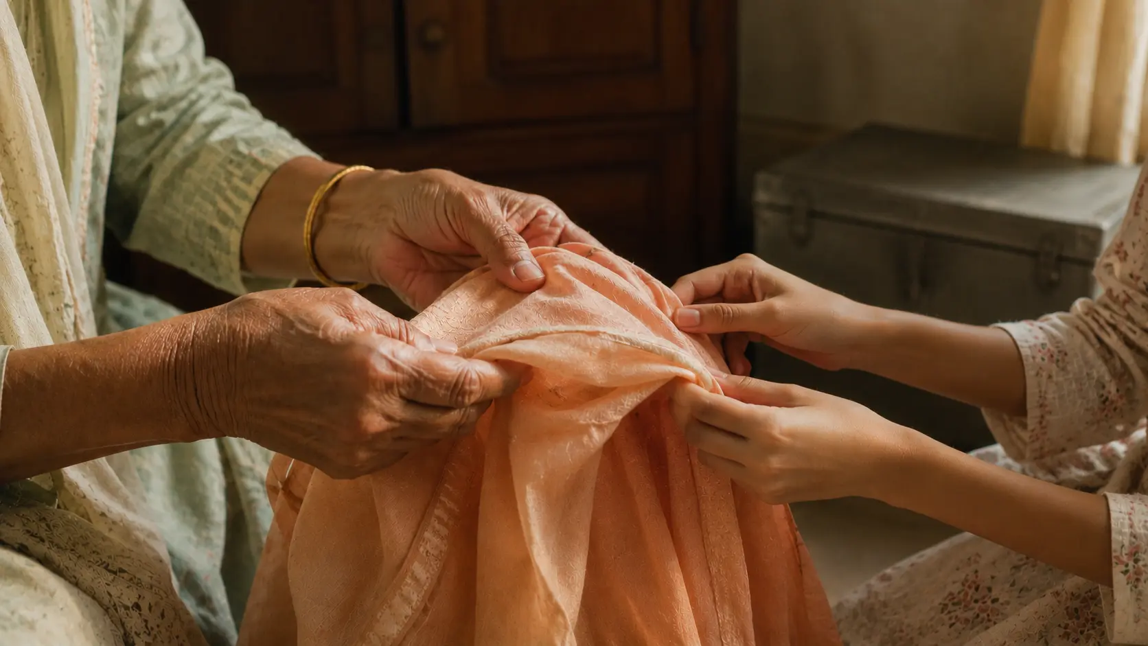 Older and younger hands gently folding a warm peach cotton dupatta together inside a softly lit Indian home