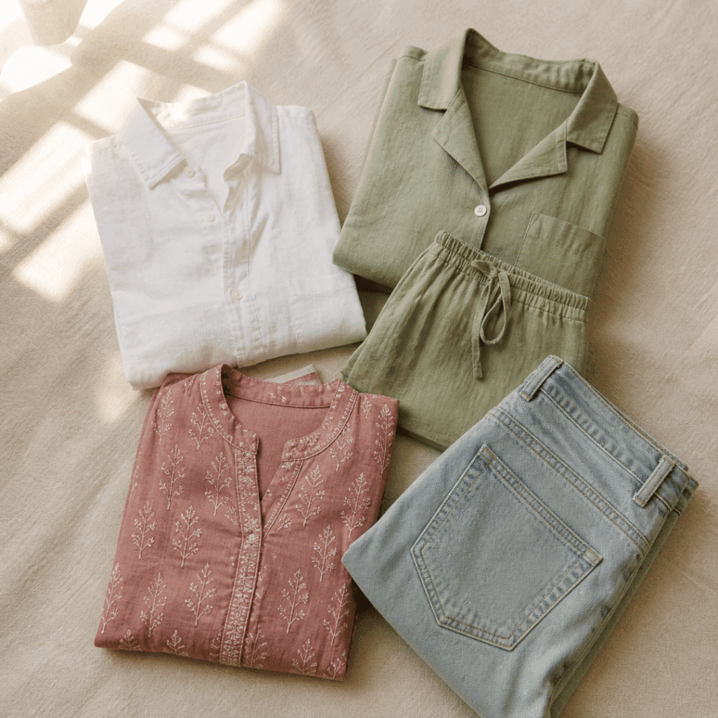 Flat lay of summer garments white linen shirt sage green co ord dusty rose kurta light wash jeans