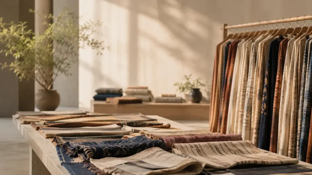Minimal textile sourcing showroom with fabric samples and clothing display representing India’s fashion trade industry in 2026