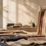 Minimal textile sourcing showroom with fabric samples and clothing display representing India’s fashion trade industry in 2026