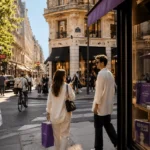 Stylish tourists walking through a luxury fashion shopping street filled with boutiques, cafés, and modern city atmosphere during daylight.