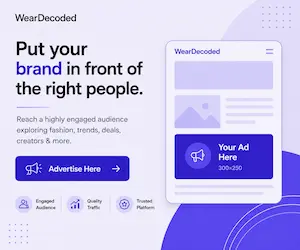 Editorial-style 300x250 WearDecoded advertising banner promoting brand visibility across fashion, trends, deals, and creator content