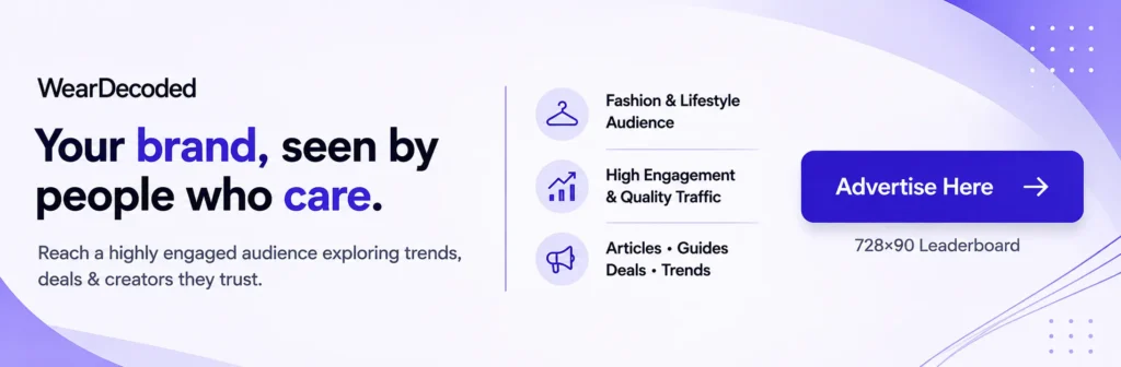 Minimal editorial-style 728x90 WearDecoded advertising banner with purple branding, premium media aesthetic, and advertiser call-to-action