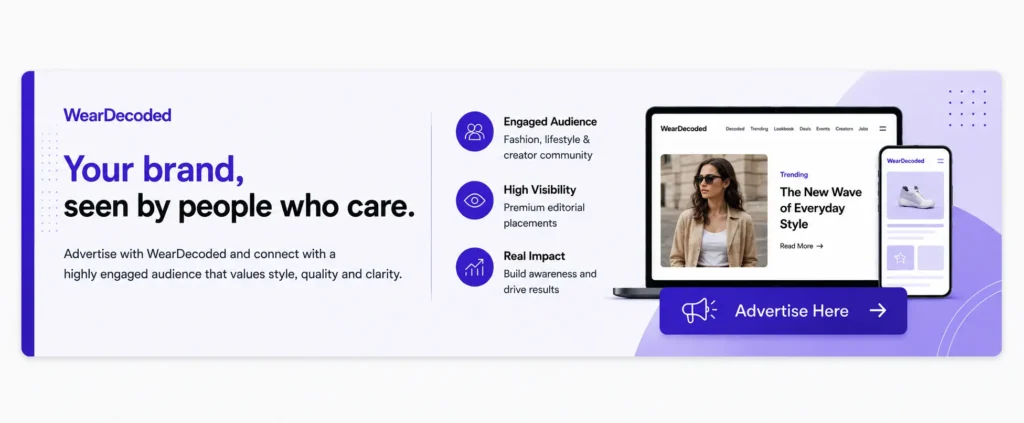 Modern WearDecoded advertising banner with purple editorial branding, premium media layout, and fashion audience promotion design