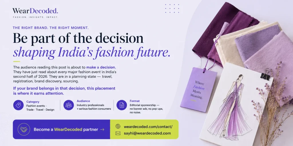 Editorial sponsorship banner by WearDecoded promoting fashion event advertising opportunities for brands targeting India’s fashion industry audience