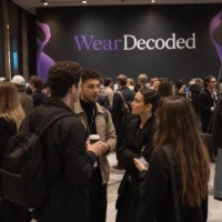 Stylish crowd networking at a modern fashion event with a WearDecoded banner in the background inside a luxury indoor venue.