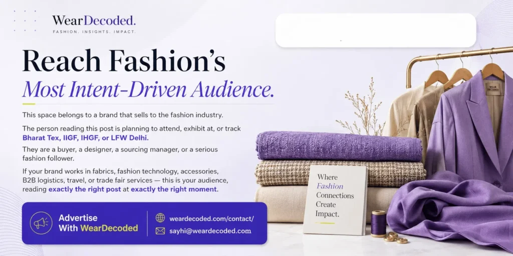 Editorial advertising banner for WearDecoded targeting fashion industry brands, buyers, sourcing managers, and trade fair audiences in India