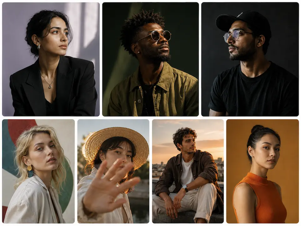 Seven ultra realistic editorial fashion portraits featuring diverse models from different countries including Indian, African, South Asian, and European individuals in cinematic studio and outdoor lighting arranged in a modern collage grid for WearDecoded careers page.