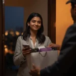 Woman receiving a fashion delivery at her Bangalore apartment door in under 30 minutes via quick commerce