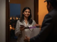 Woman receiving a fashion delivery at her Bangalore apartment door in under 30 minutes via quick commerce